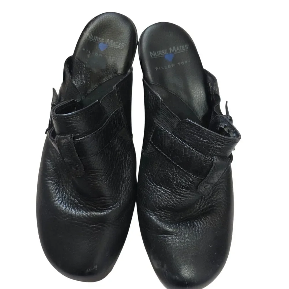 Nurse Mates Black Leather Clogs Mule Buckle Strap Comfort Shoes Womens Size 8